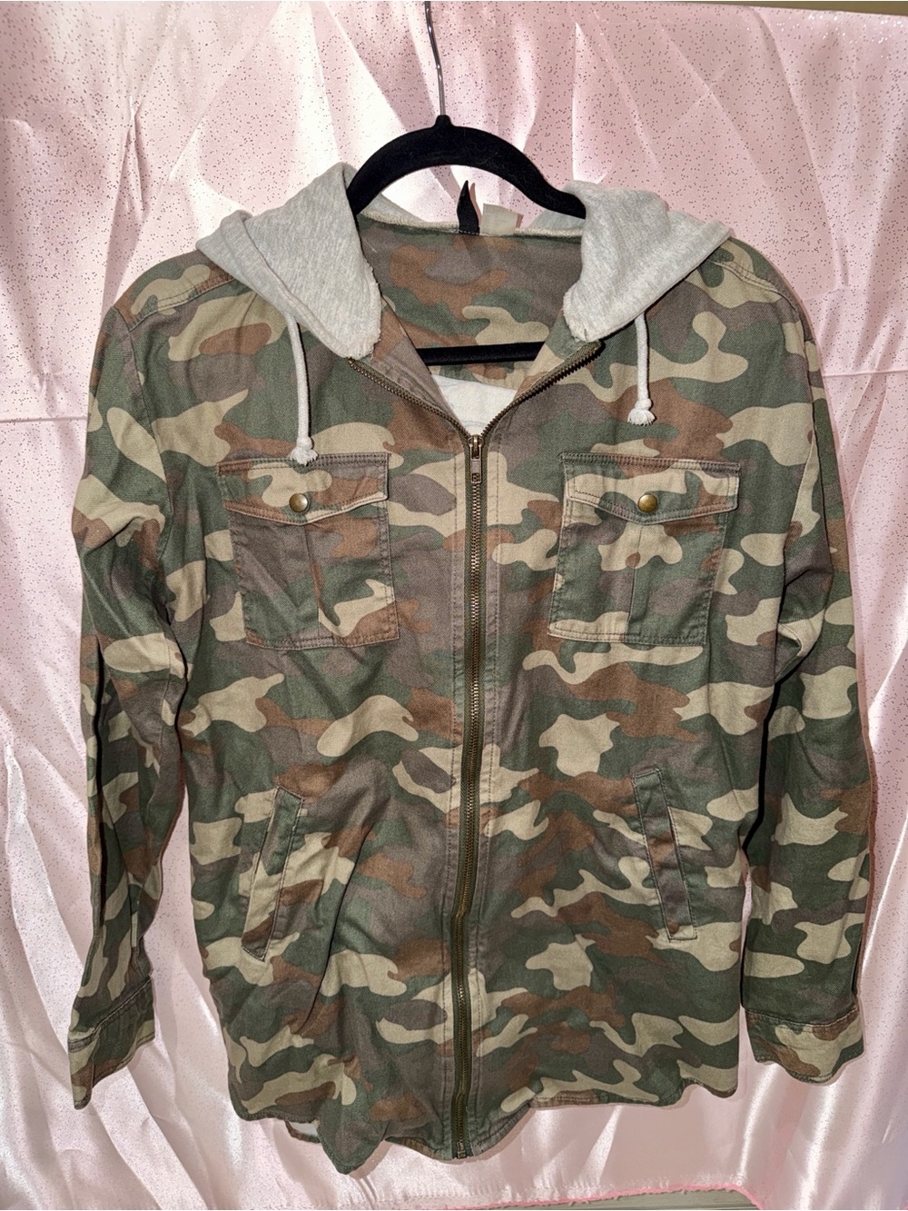 H&M Camouflage Utility Jacket with Gray Knit Hood